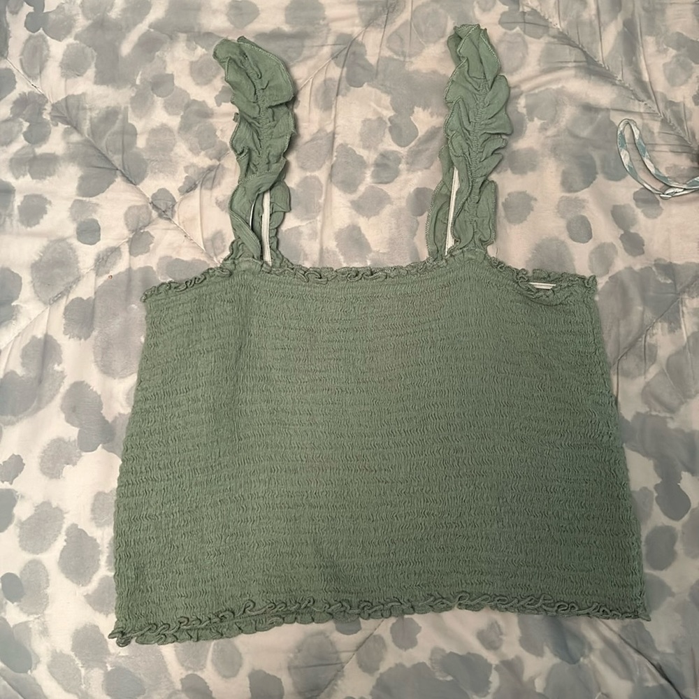 cute green cropped tank top with ruffle straps